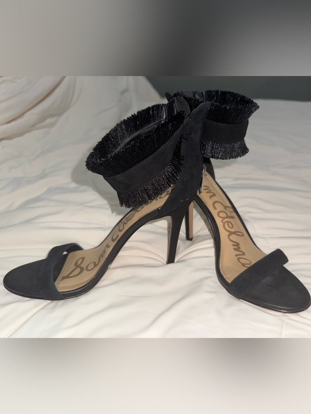 Sam Edelman Black Fringe Ankle-Strap Heels